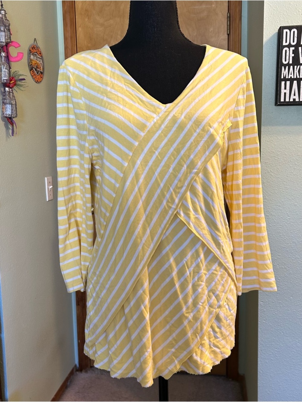Chico’s layered yellow and white striped v-neck 3/4 sleeve top size 1 (M)